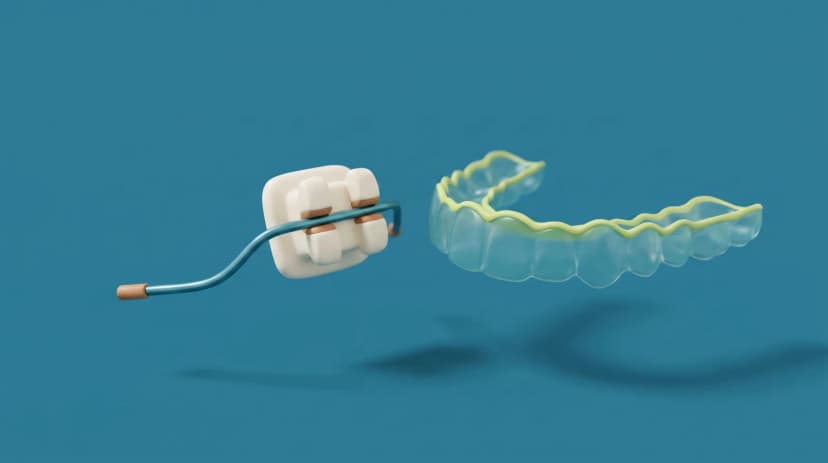 Ilustración de un bracket de ortodoncia junto a un alineador transparente